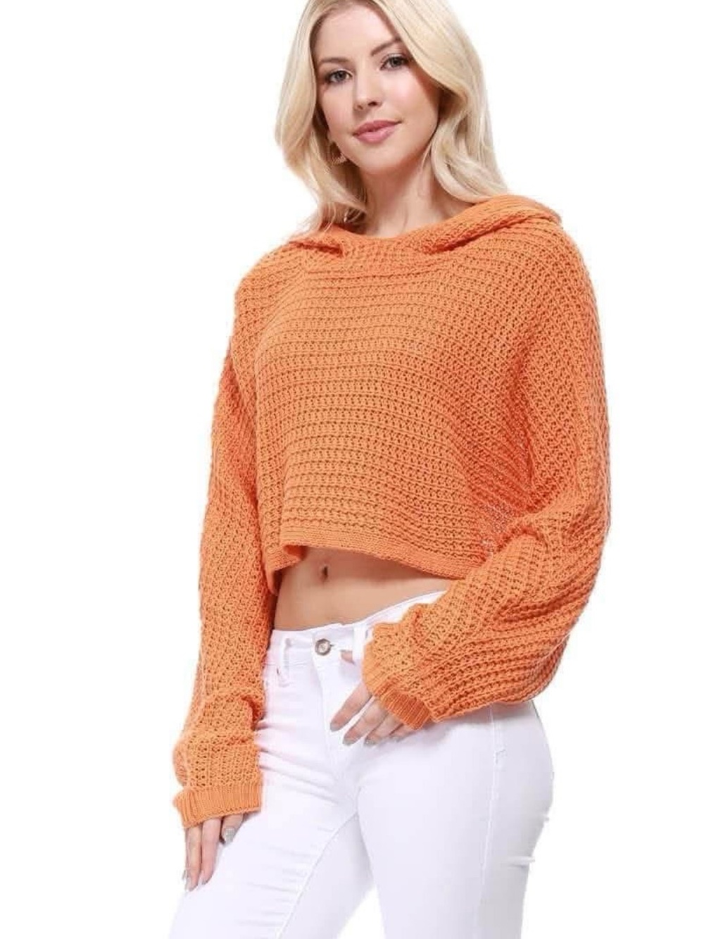 Cropped Chunky Knit Hoodie Sweater - Orange